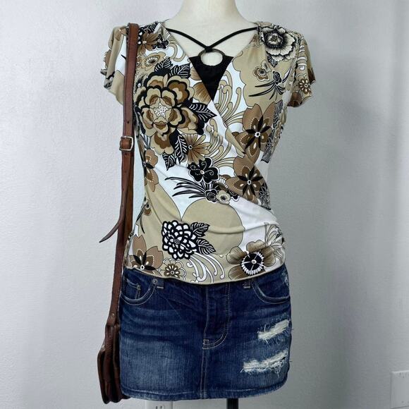 Y2K Brown Floral Faux Wrap Top Retro Boho Print Short Sleeve O-Ring Medium - Picture 2 of 7